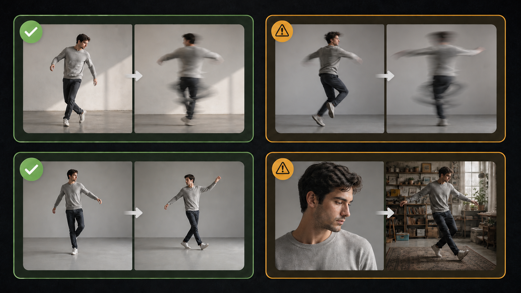 Motion Control risk matrix comparing moderate motion and matched framing with fast spins and mismatched inputs.