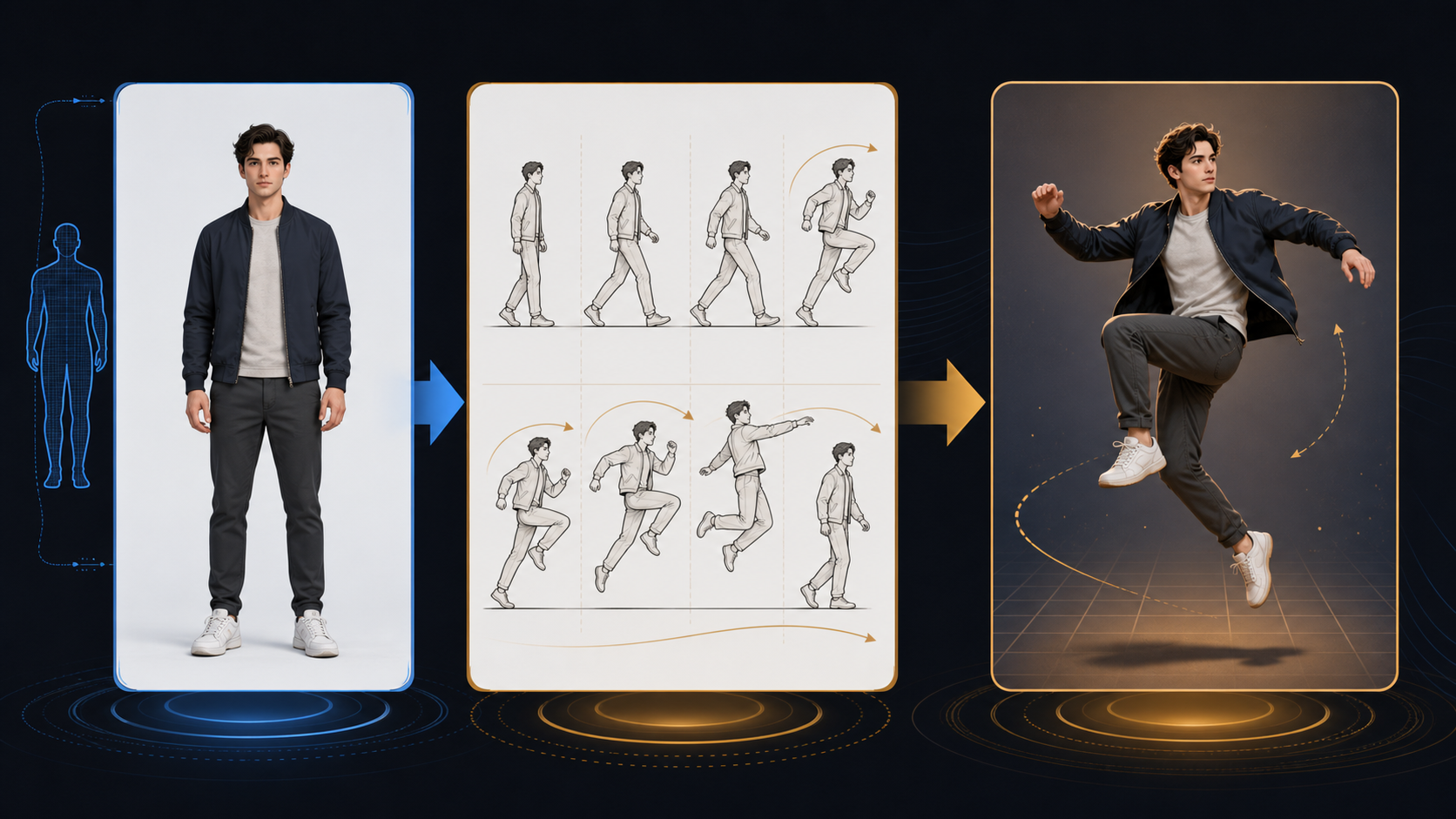 Matched character image and motion reference with the same full-body framing and open movement space.