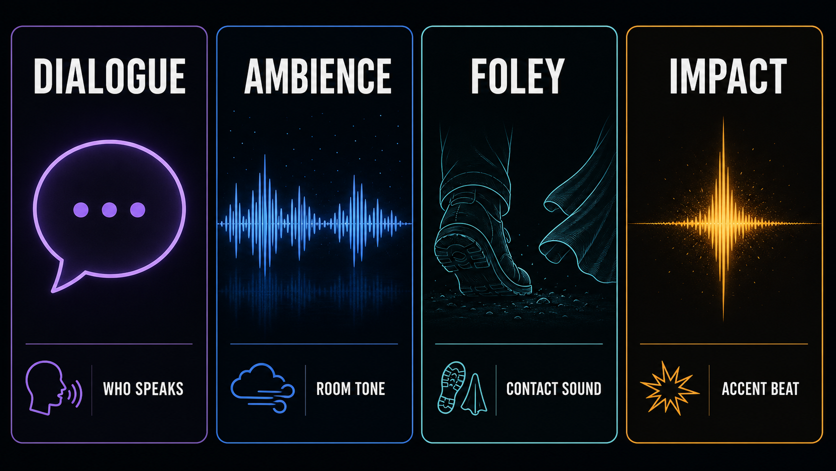 Comparison of dialogue, ambience, foley, and impact directions for sound prompts