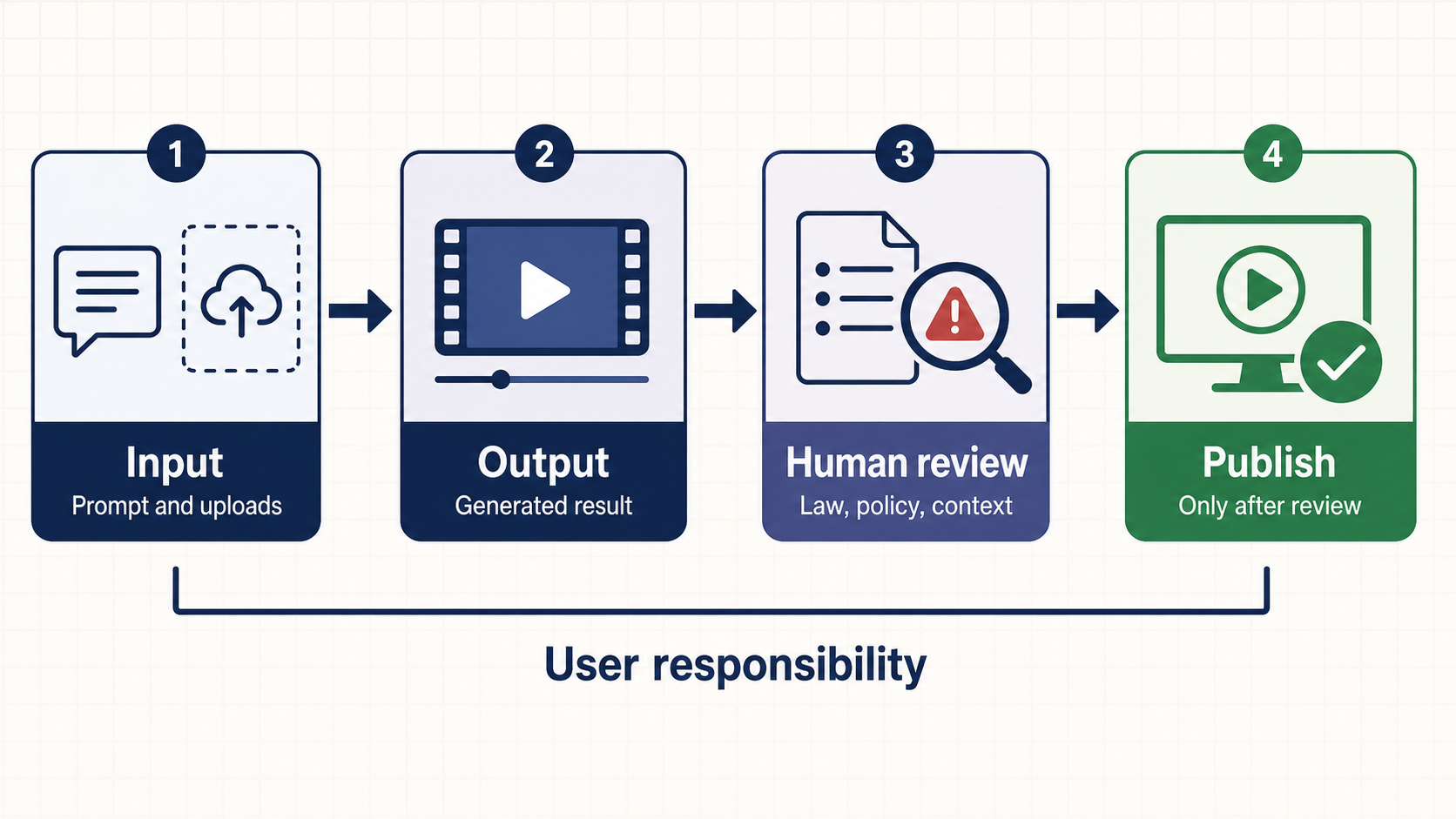 Input, Output, human review, and publication shown as one user-responsibility flow