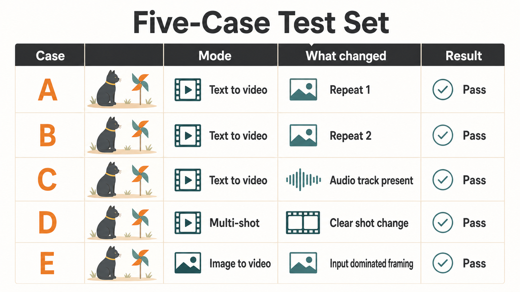 The five Kling 3.0 test cases and the observed outcome for each run