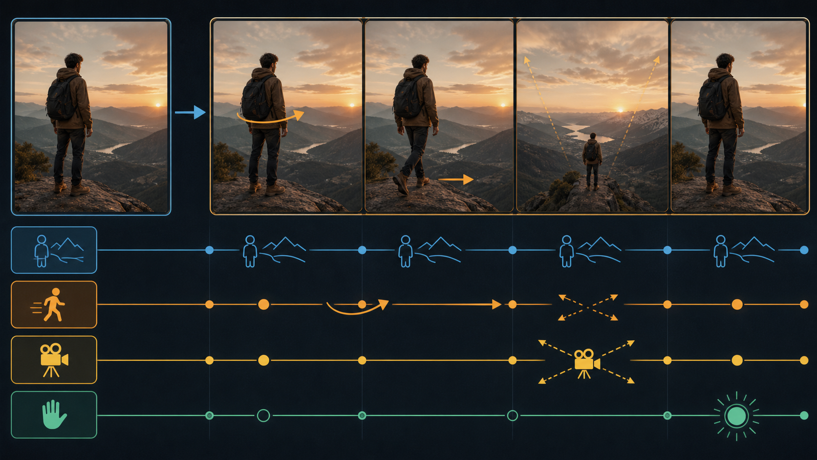 Image-to-video prompt plan separating fixed elements, motion, camera direction, and the final hold.
