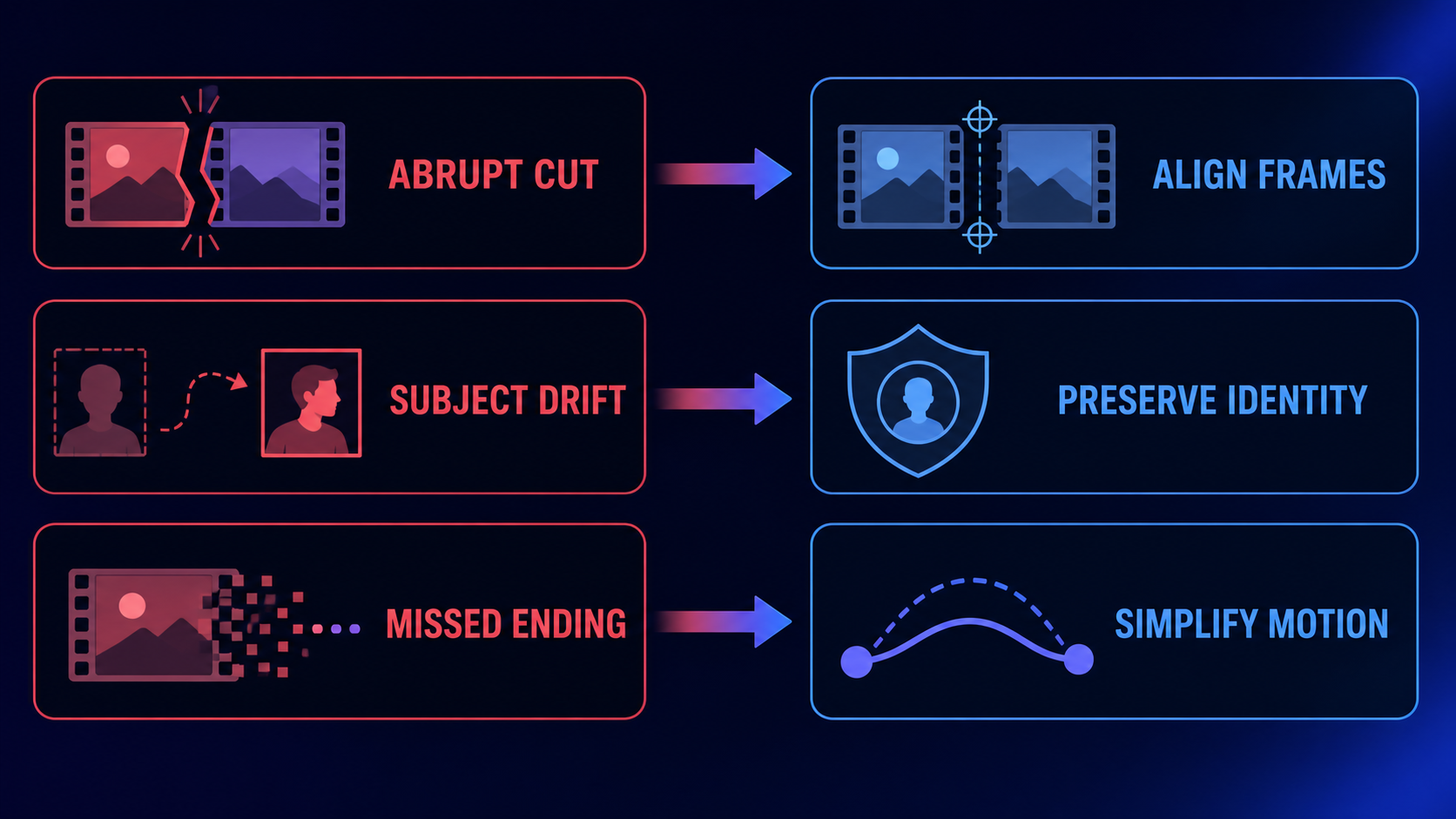Troubleshooting flow from abrupt cuts, subject drift, and missed endings to practical fixes.