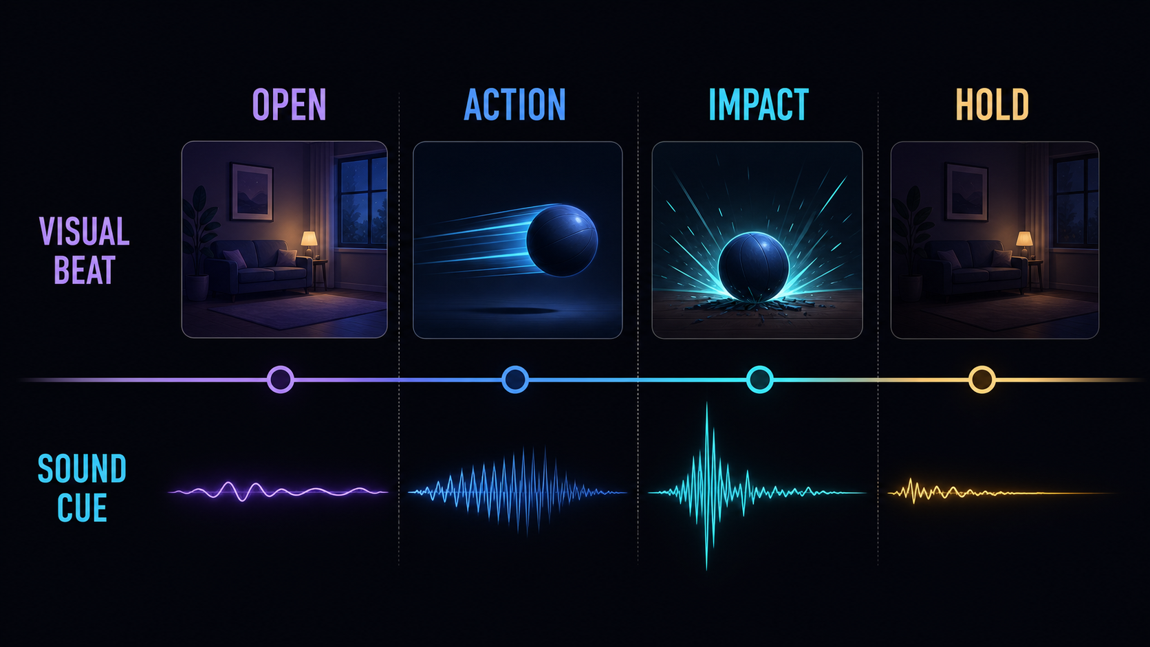 Timeline pairing open, action, impact, and hold with matching sound cues