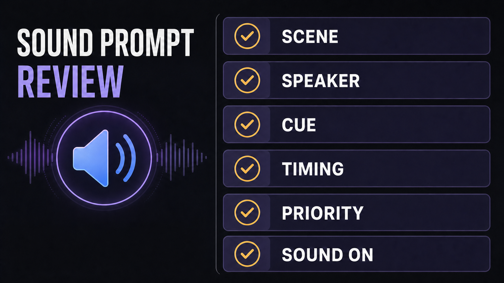Sound prompt review checklist covering scene, speaker, cue, timing, priority, and Sound On