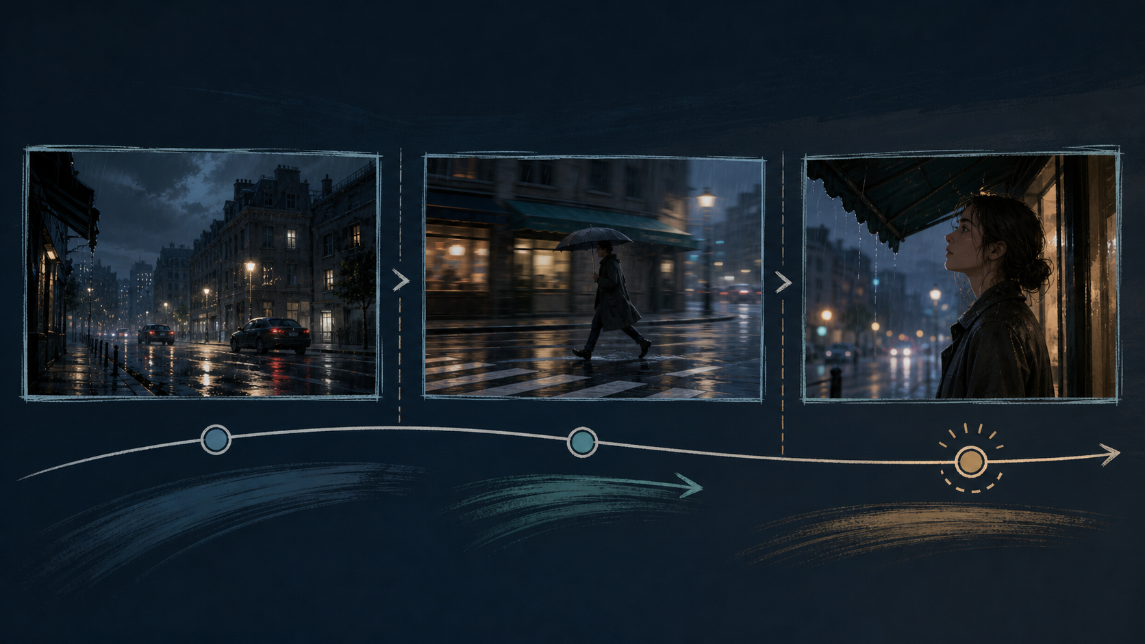 Rainy-street storyboard progression from a wide setting through motion to a calm close hold
