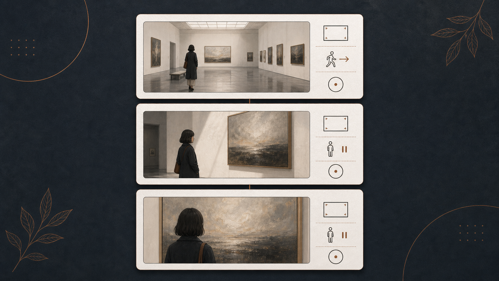 Three stacked gallery frames with visual symbols for framing, movement, and a held ending