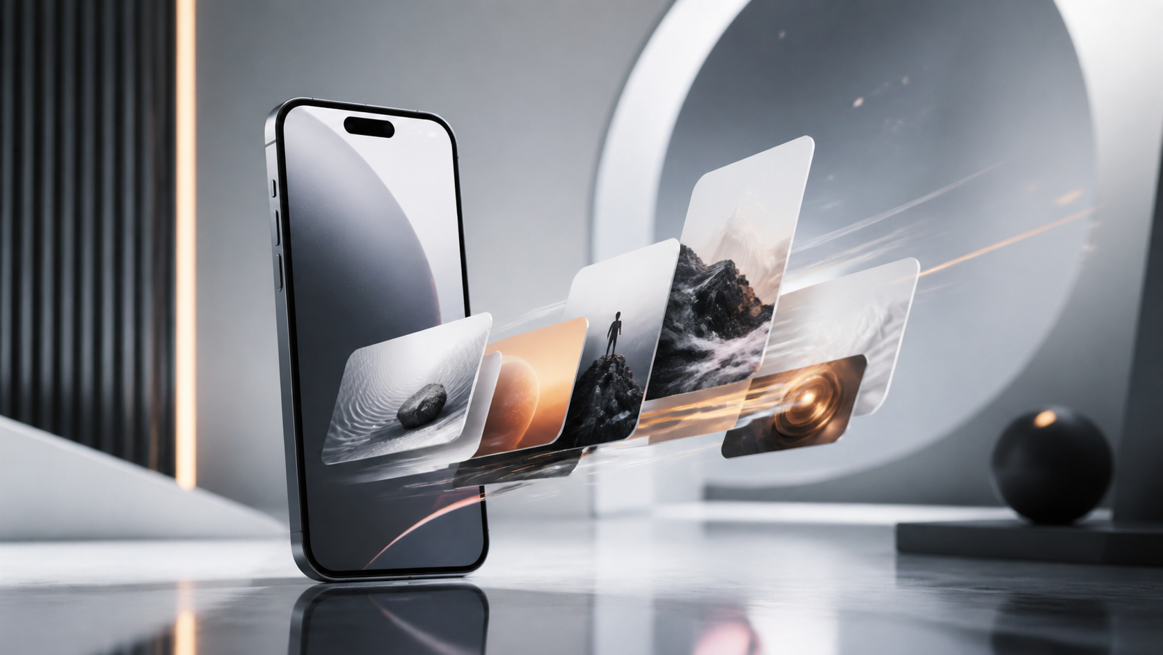 Telefone sofisticado com cartões visuais abstratos entrando em uma cena de lançamento cinematográfica