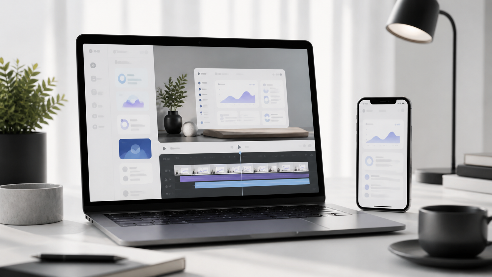 Notebook e telefone em um estúdio claro com telas abstratas de software e uma linha do tempo de edição