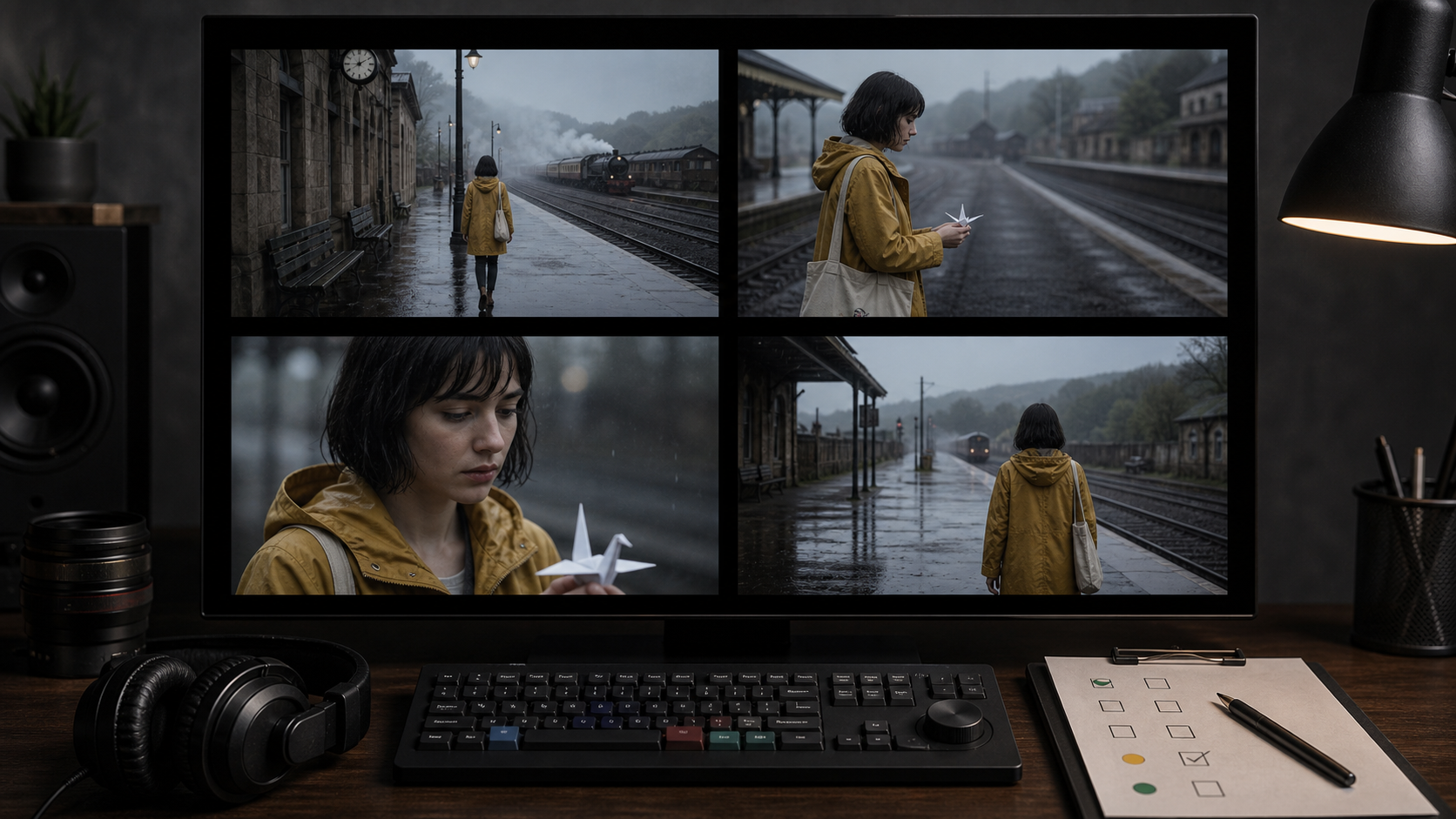 Editor reviewing four accepted shots and a continuity checklist