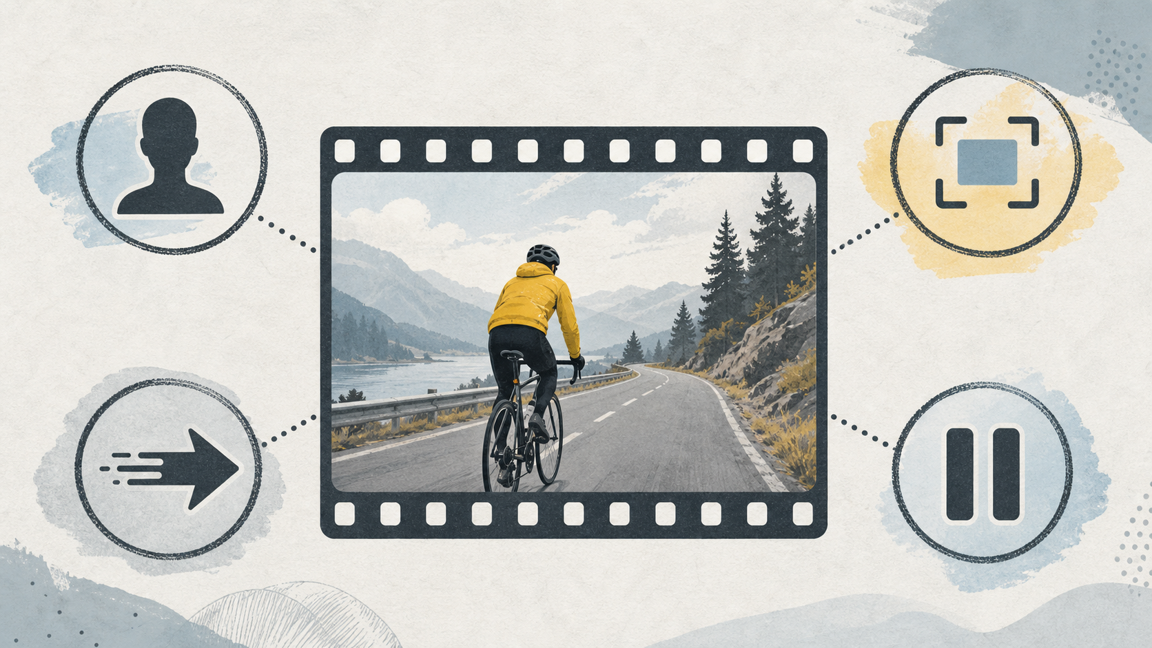 Cyclist scene framed by four visual review markers for subject, composition, motion continuity, and a final pause