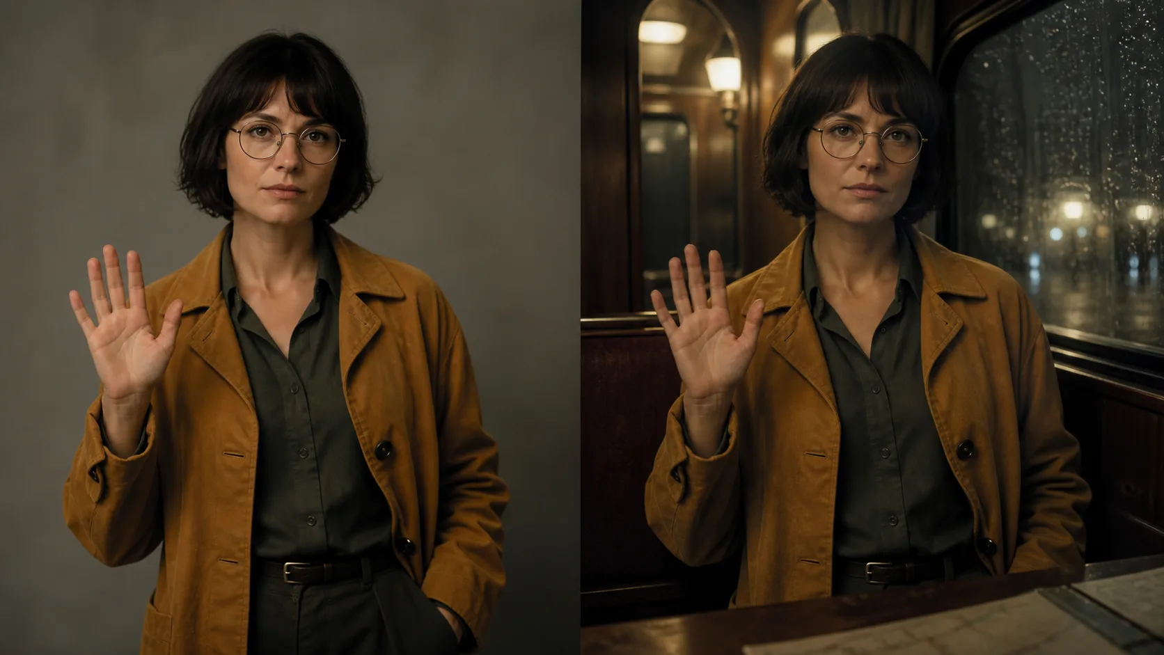Dos planos cinematográficos de la misma intérprete conservan rostro, ropa y gesto mientras el escenario cambia del estudio a un vagón bajo la lluvia.