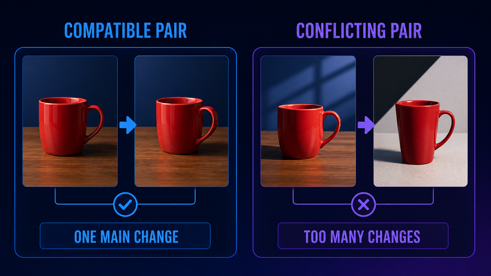 Compatible and conflicting start and end frame pairs shown with red ceramic mugs.